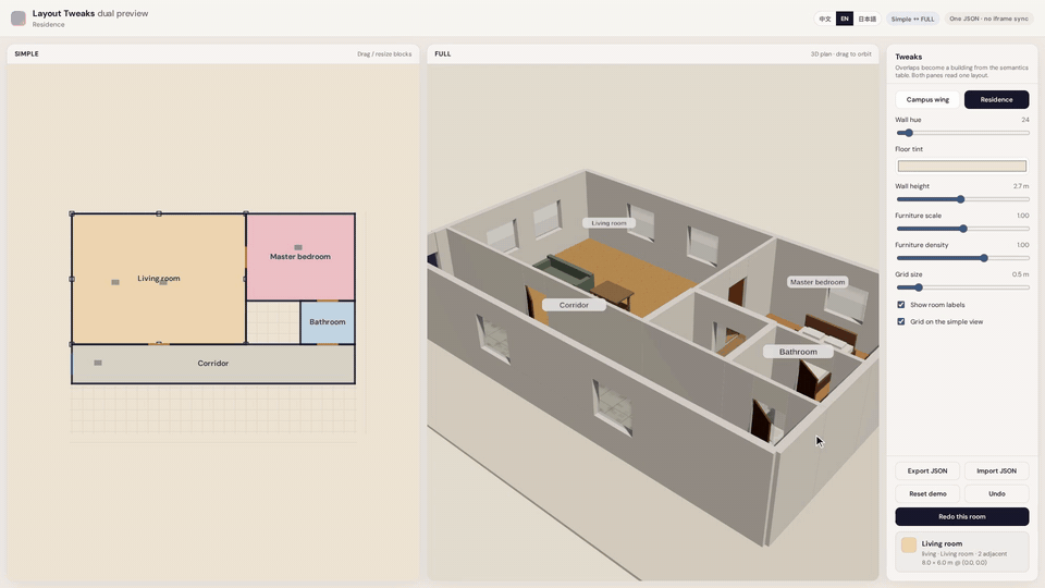 Dragging Bathroom into Master bedroom in the 2D plan; 3D follows; toast Bathroom + Bedroom → Ensuite; language switch to Chinese and Japanese